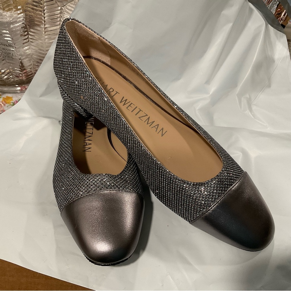Stuart Weitzman Sleek Flat Gunmetal Silver Pewter Sparkle Flats NEW! Sz 6.5B